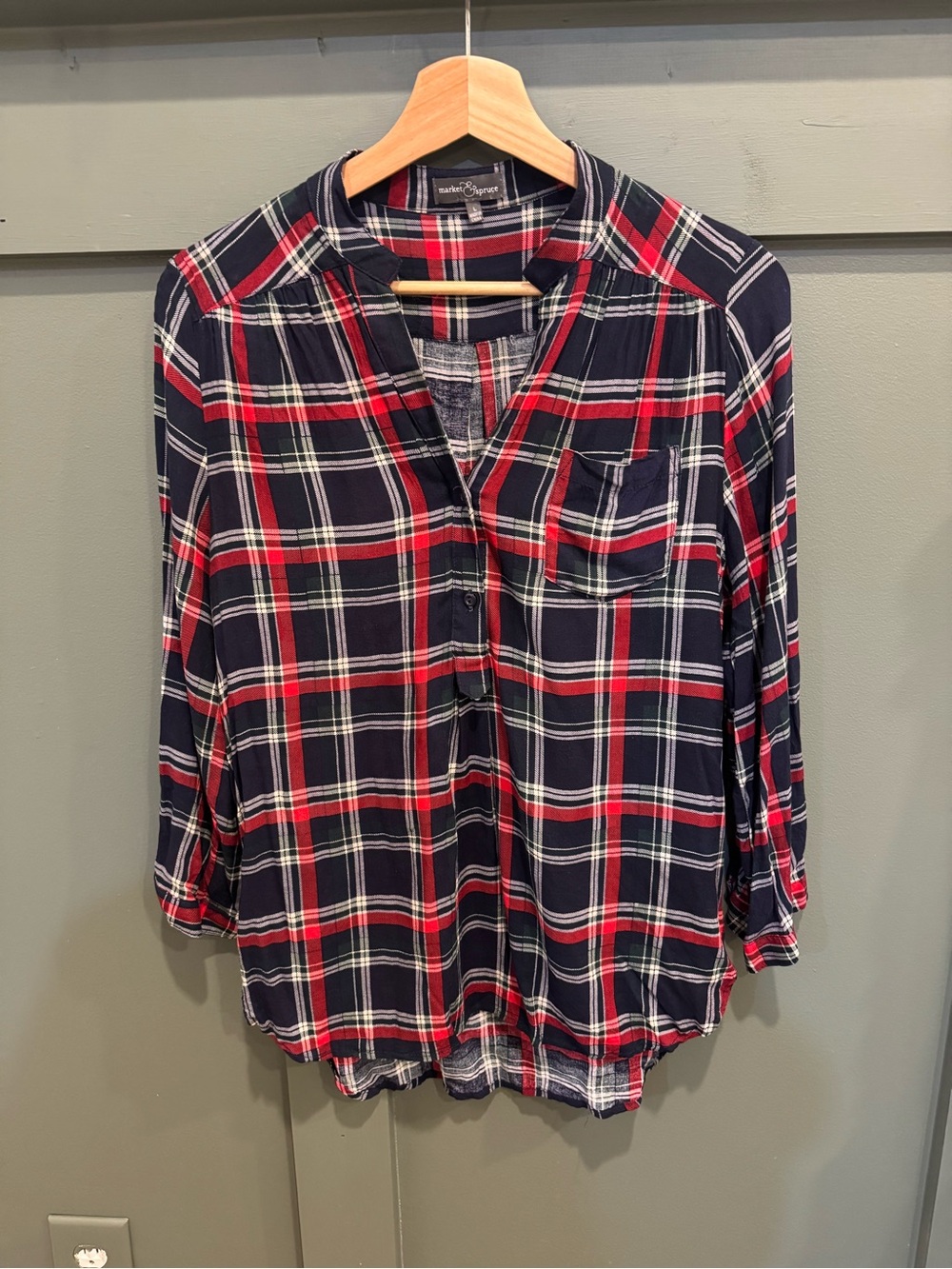 Market & Spruce Navy and Red Plaid Henley Blouse
